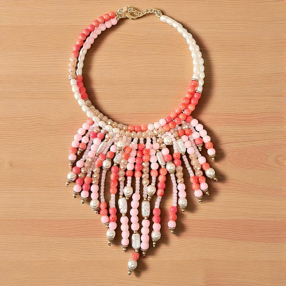 Boho Coral Pink Beaded Bib Necklace Statement Jewelry